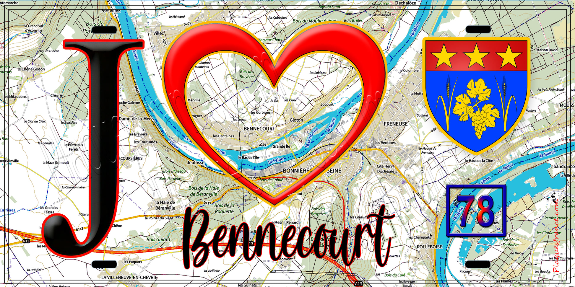 Plaque métal décorative  J' ❤️ Bennecourt, Yvelines (78) fond carte