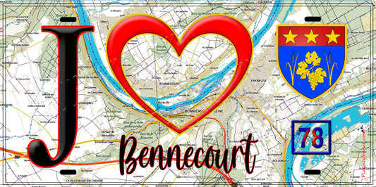 Plaque métal décorative  J' ❤️ Bennecourt, Yvelines (78) fond carte