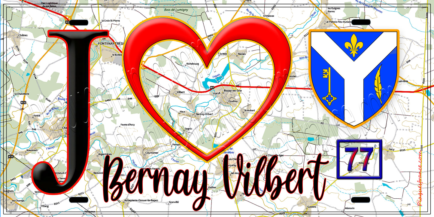 Plaque métal décorative  J' ❤️Bernay-Vilbert, Seine et Mrne (77) fond carte