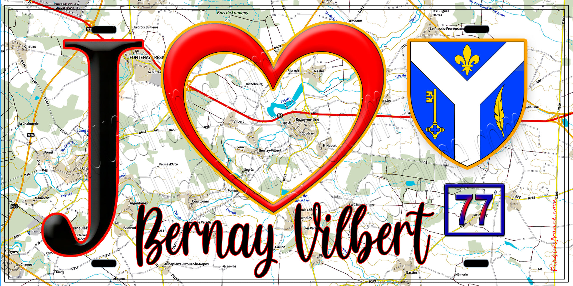 Plaque métal décorative  J' ❤️Bernay-Vilbert, Seine et Mrne (77) fond carte