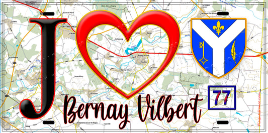 Plaque métal décorative  J' ❤️Bernay-Vilbert, Seine et Mrne (77) fond carte