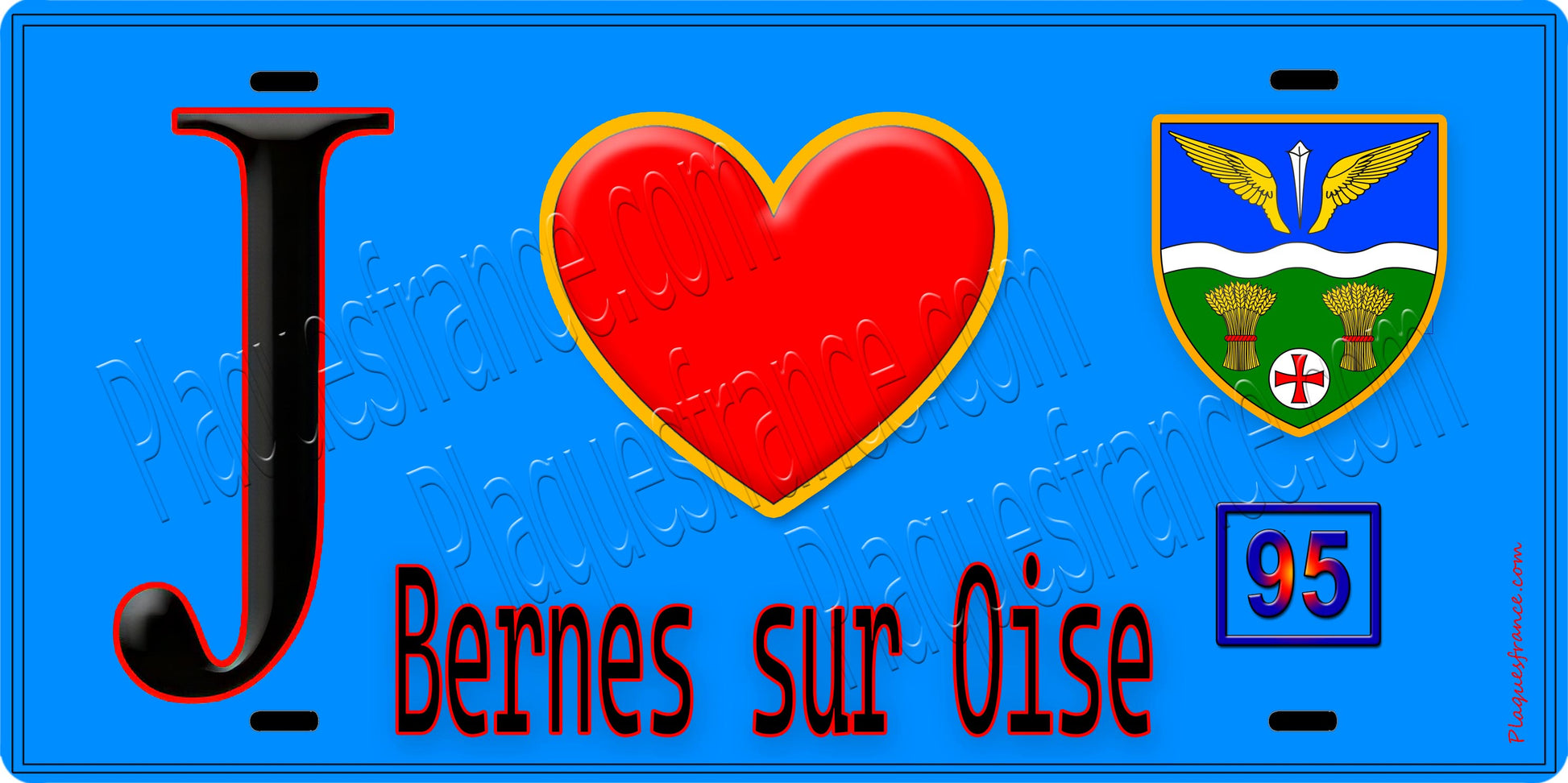 Plaque métal décorative  J' ❤️Bernes-sur-Oise, Val d'Oise (95) fond bleu