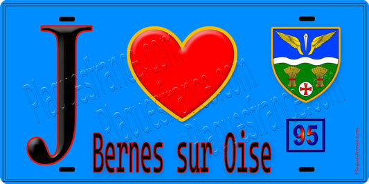 Plaque métal décorative  J' ❤️Bernes-sur-Oise, Val d'Oise (95) fond bleu