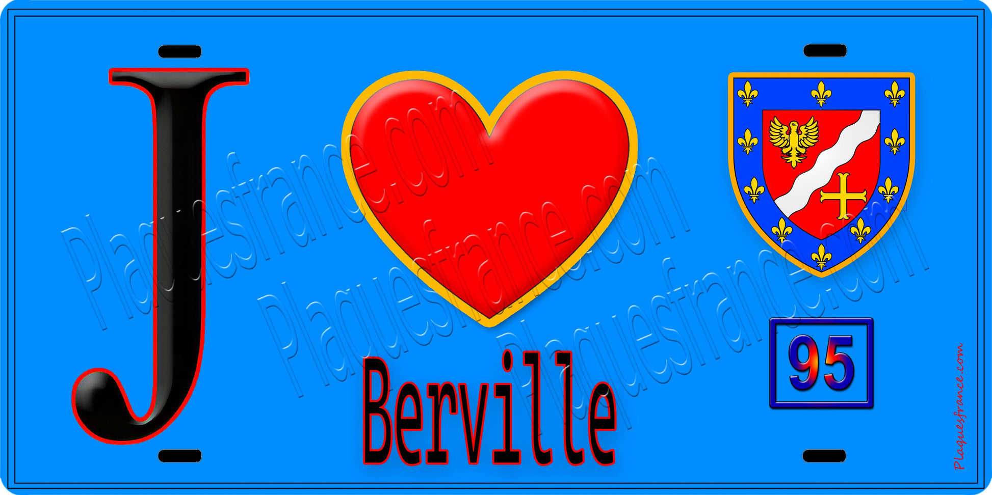 Plaque métal décorative  J' ❤️Berville, Val d'Oise (95) fond bleu