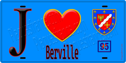 Plaque métal décorative  J' ❤️Berville, Val d'Oise (95) fond bleu