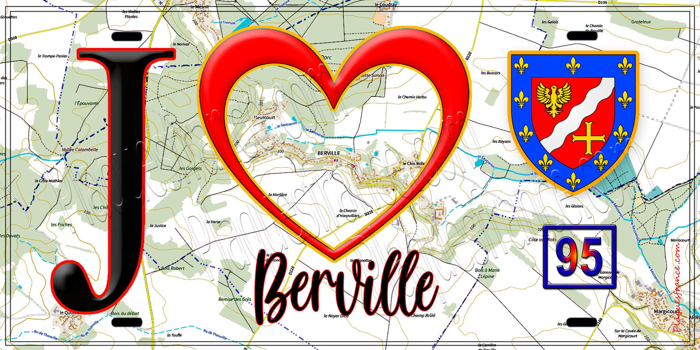 Plaque métal décorative  J' ❤️Berville, Val d'Oise (95) fond carte