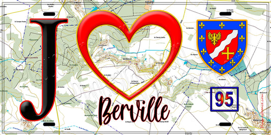Plaque métal décorative  J' ❤️Berville, Val d'Oise (95) fond carte
