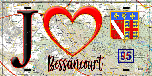 Plaque métal décorative  J' ❤️Bessancourt, Val d'Oise (95) fond carte