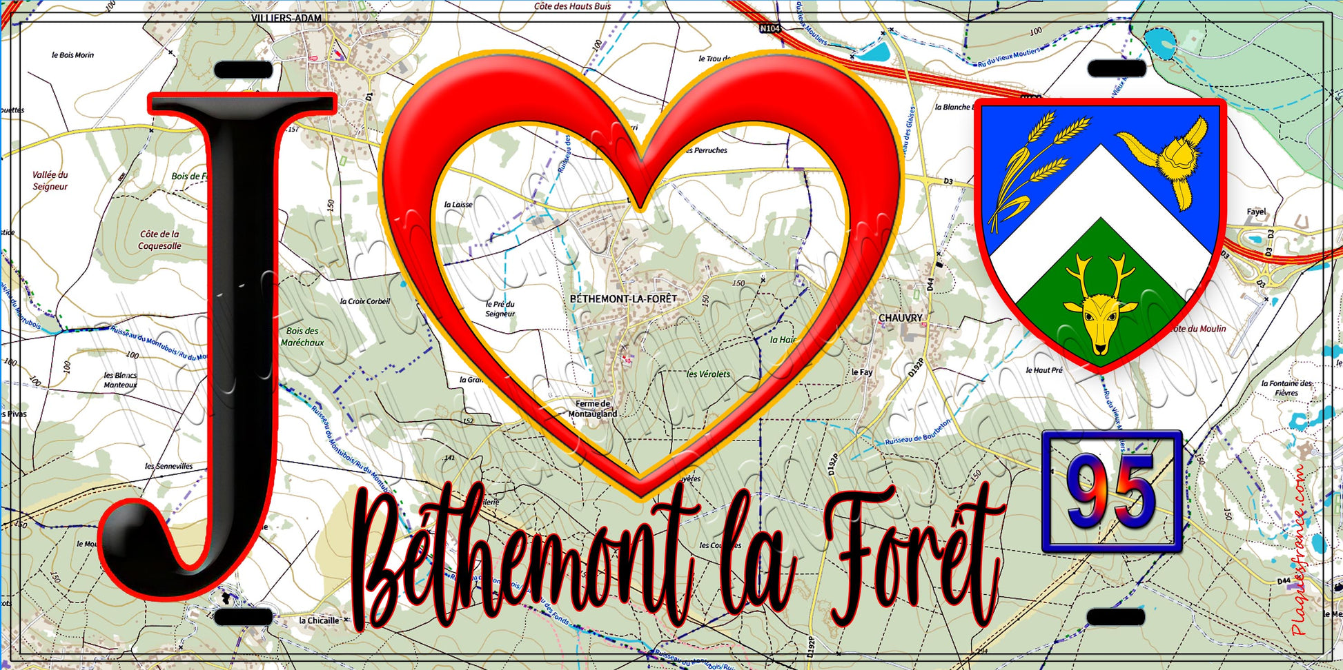 Plaque métal décorative  J' ❤️Béthemont-la-Forêt, Val d'Oise (95) fond carte
