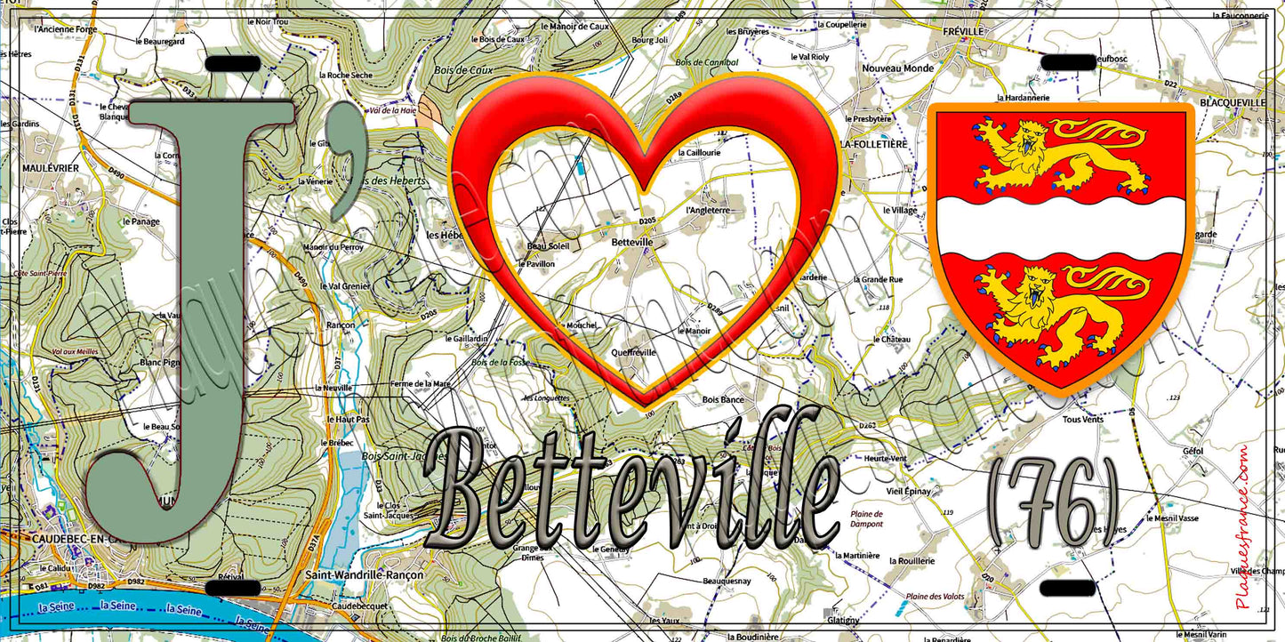 Plaque métal décorative 15X30 J' ❤️ Betteville, Seine Maritime (76) geo