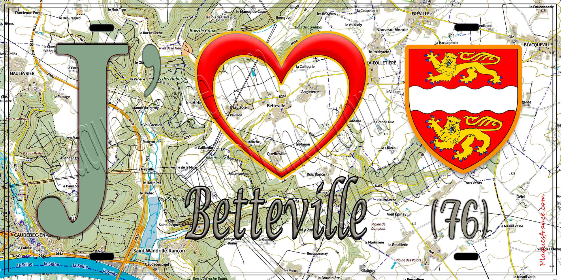 Plaque métal décorative 15X30 J' ❤️ Betteville, Seine Maritime (76) geo
