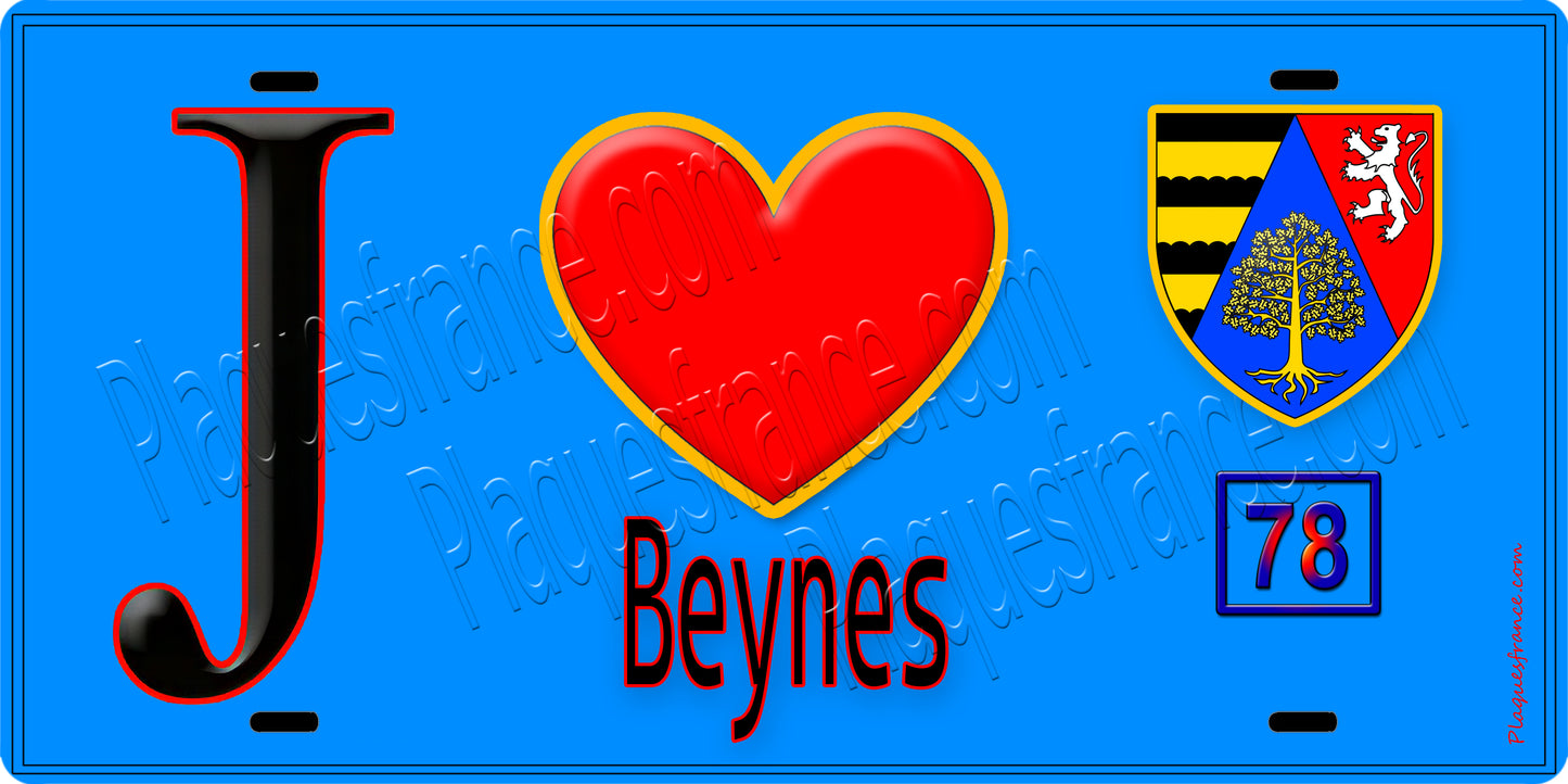 Plaque métal décorative  J' ❤️ Beynes, Yvelines (78) fond bleu