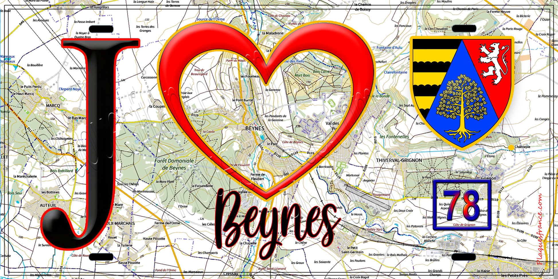 Plaque métal décorative  J' ❤️ Beynes, Yvelines (78) fond carte