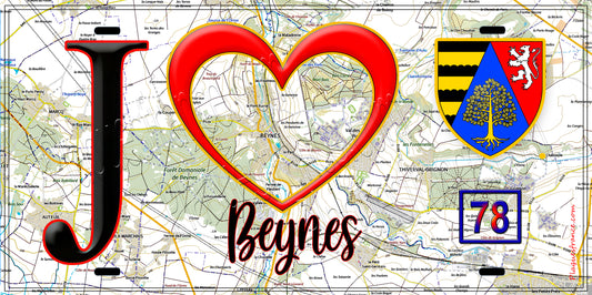 Plaque métal décorative  J' ❤️ Beynes, Yvelines (78) fond carte