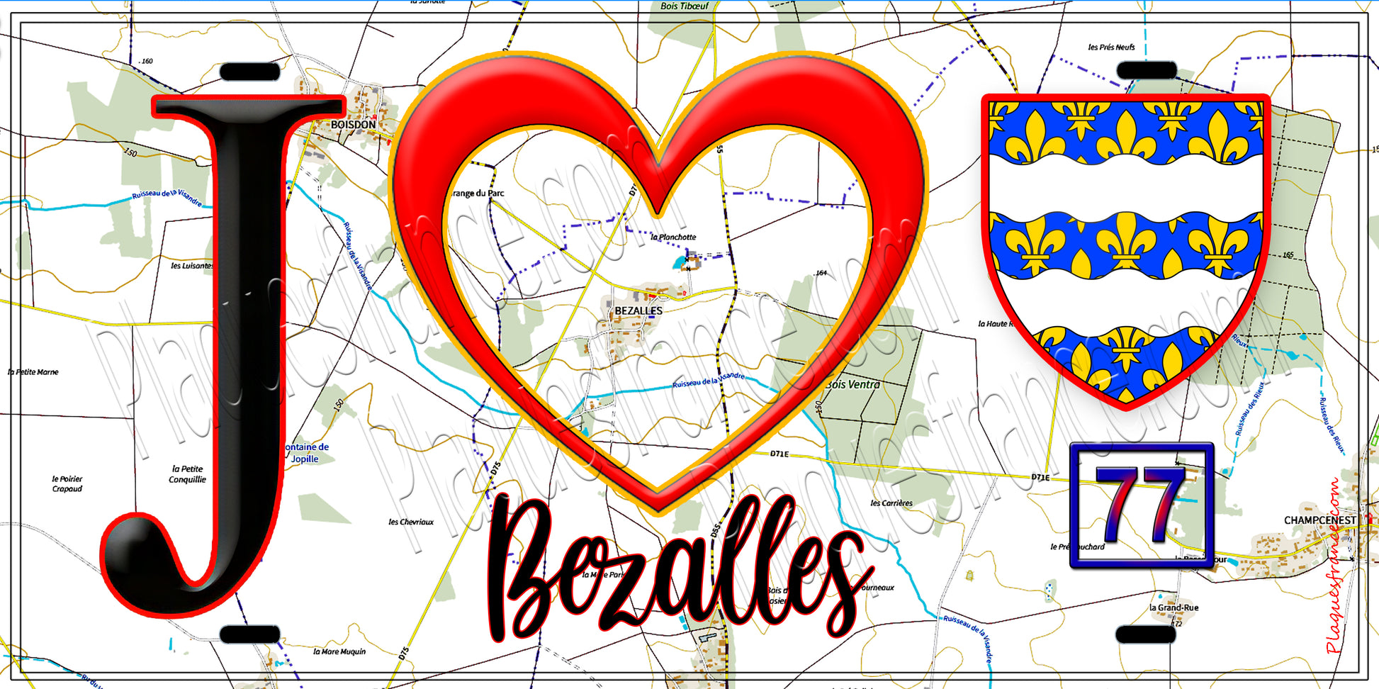 Plaque métal décorative  J' ❤️Bezalles, Seine et Mrne (77) fond carte