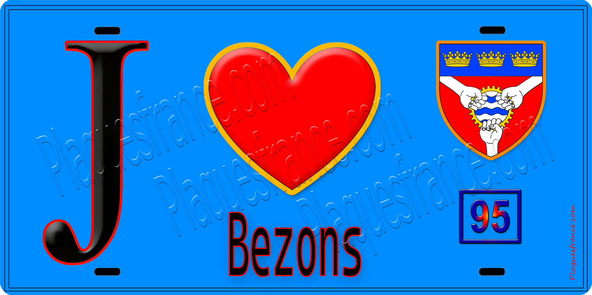 Plaque métal décorative  J' ❤️Bezons, Val d'Oise (95) fond bleu