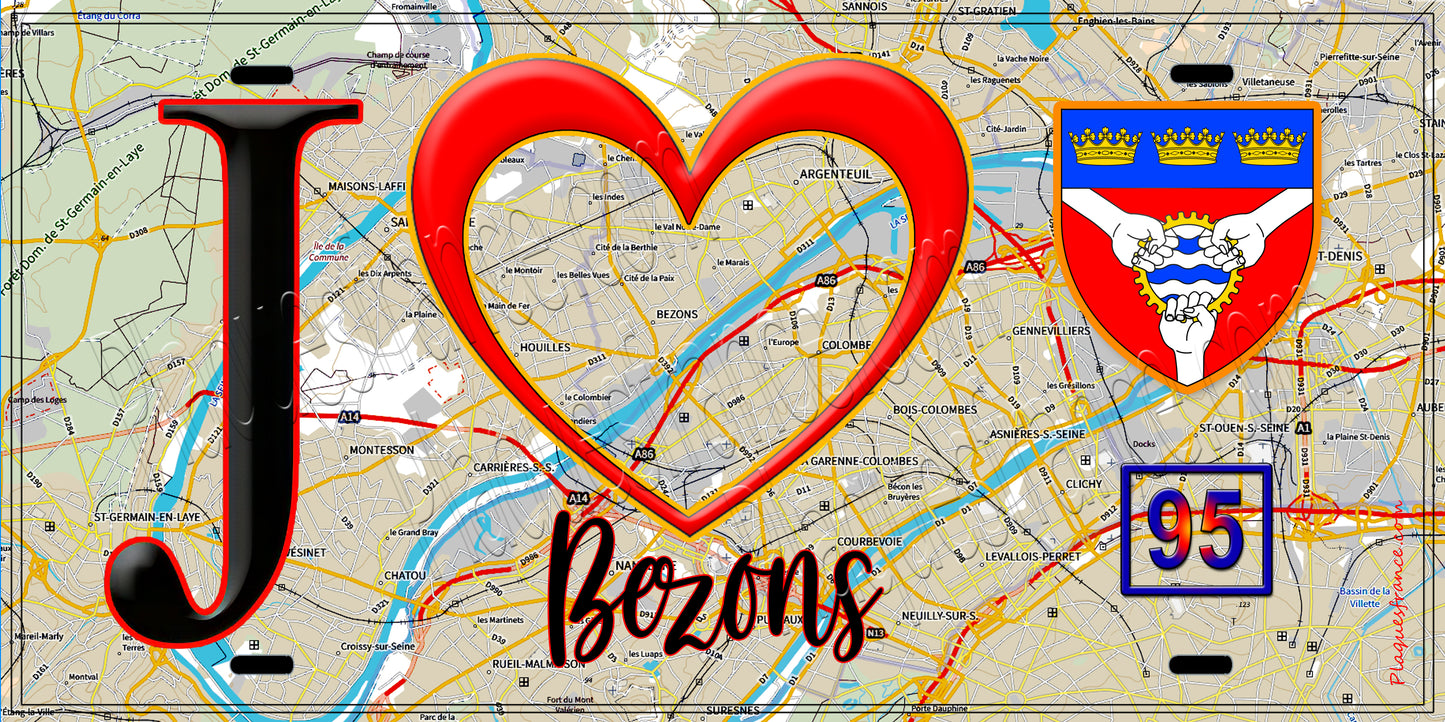 Plaque métal décorative  J' ❤️Bezons, Val d'Oise (95) fond carte