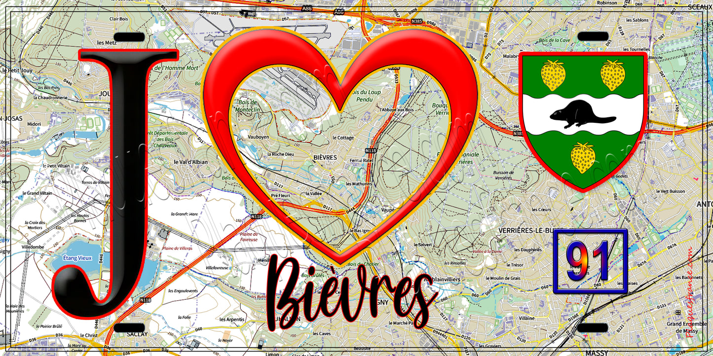 Plaque métal décorative  J' ❤️Bièvres, Essonne (91) fond carte