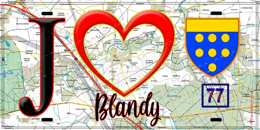 Plaque métal décorative  J' ❤️Blandy, Seine et Mrne (77) fond carte