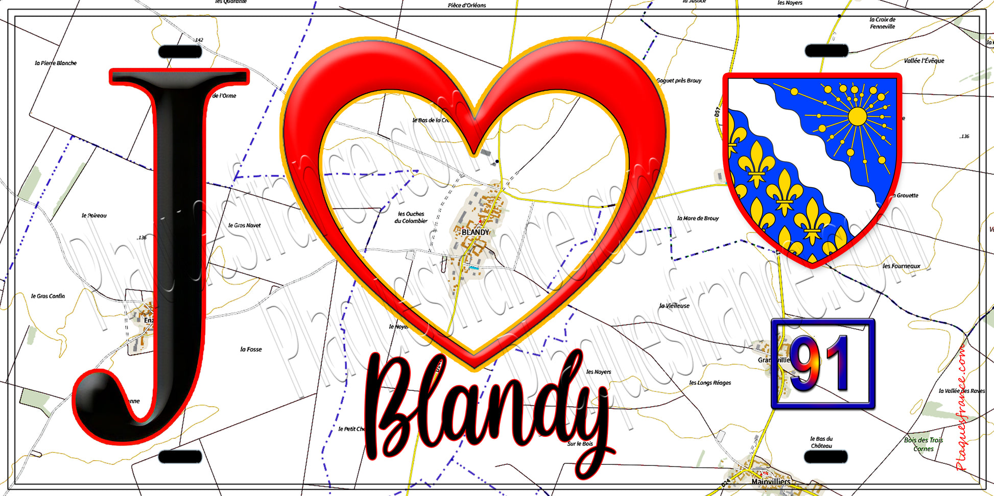 Plaque métal décorative  J' ❤️Blandy, Essonne (91) fond carte