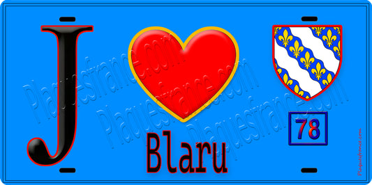 Plaque métal décorative  J' ❤️ Blaru, Yvelines (78) fond bleu