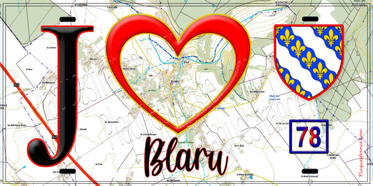 Plaque métal décorative  J' ❤️ Blaru, Yvelines (78) fond carte