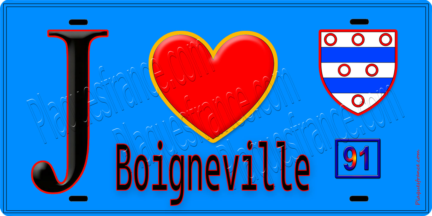 Plaque métal décorative  J' ❤️Boigneville, Essonne (91) fond bleu