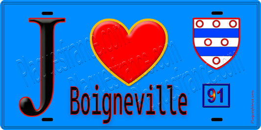 Plaque métal décorative  J' ❤️Boigneville, Essonne (91) fond bleu