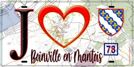 Plaque métal décorative  J' ❤️ Boinville-en-Mantois, Yvelines (78) fond carte