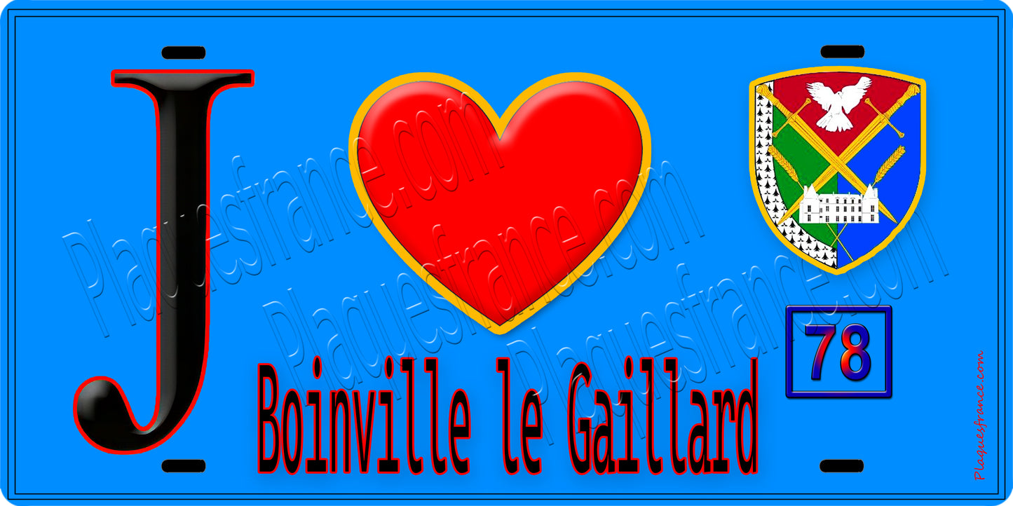 Plaque métal décorative  J' ❤️ Boinville-le-Gaillard, Yvelines (78) fond bleu