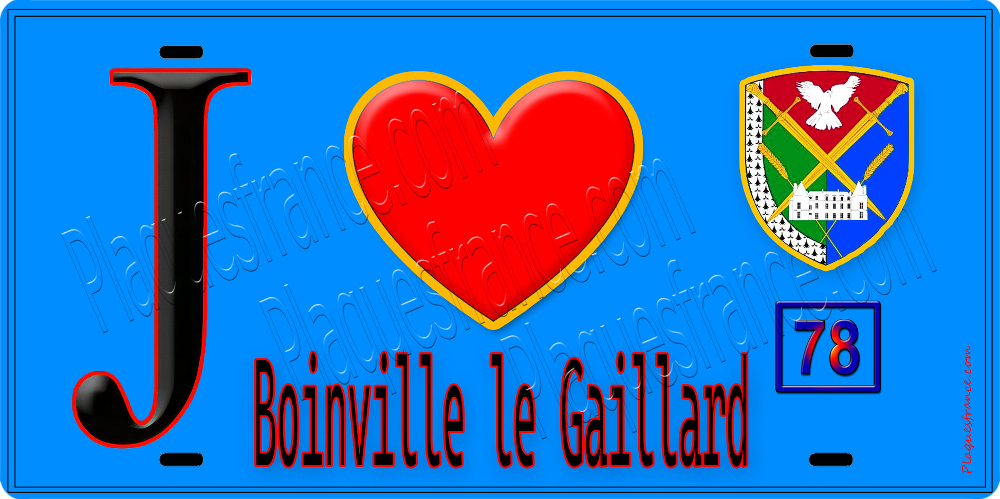 Plaque métal décorative  J' ❤️ Boinville-le-Gaillard, Yvelines (78) fond bleu