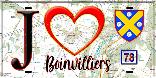 Plaque métal décorative  J' ❤️ Boinvilliers, Yvelines (78) fond carte