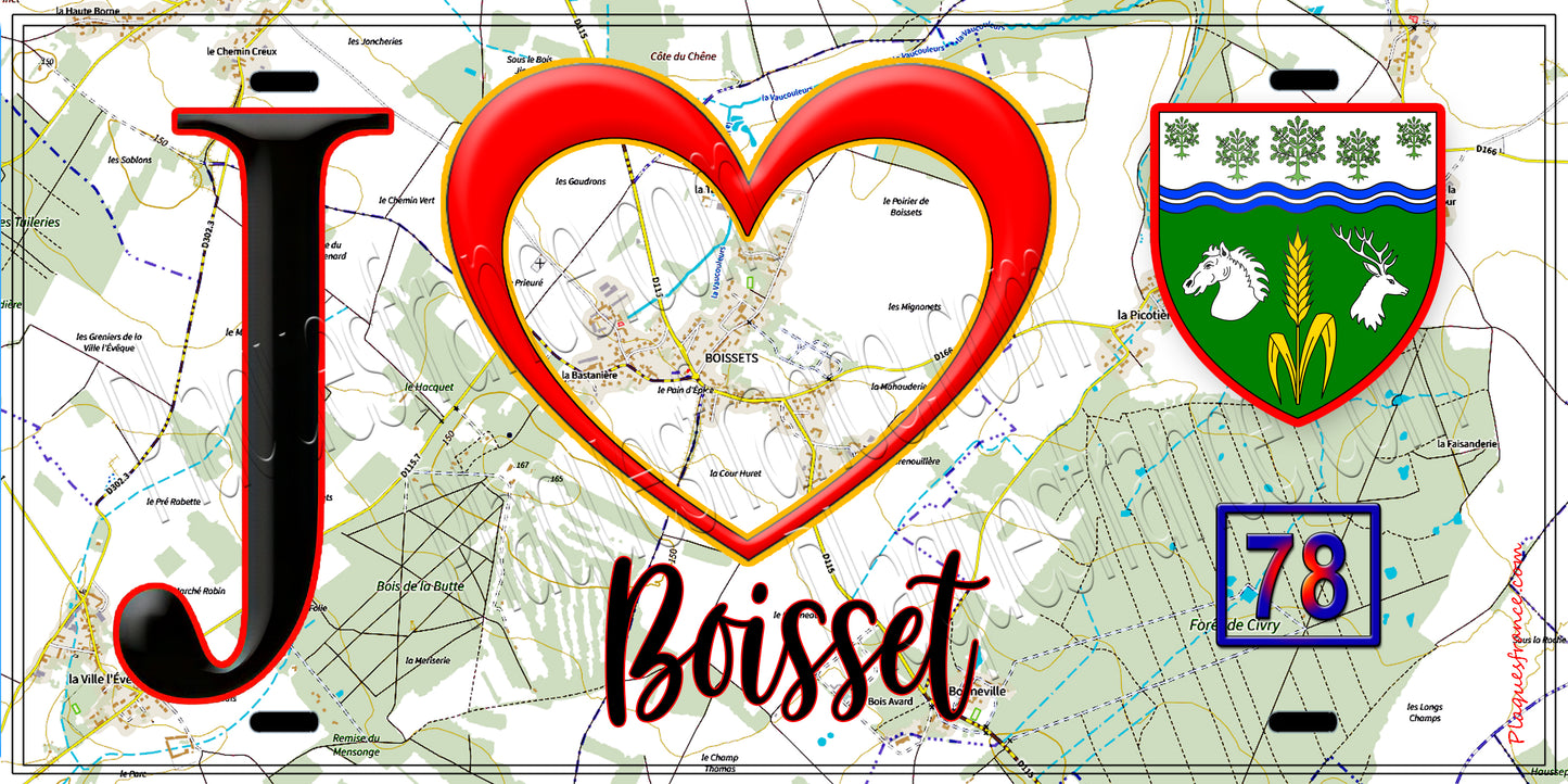 Plaque métal décorative  J' ❤️ Boissets, Yvelines (78) fond carte
