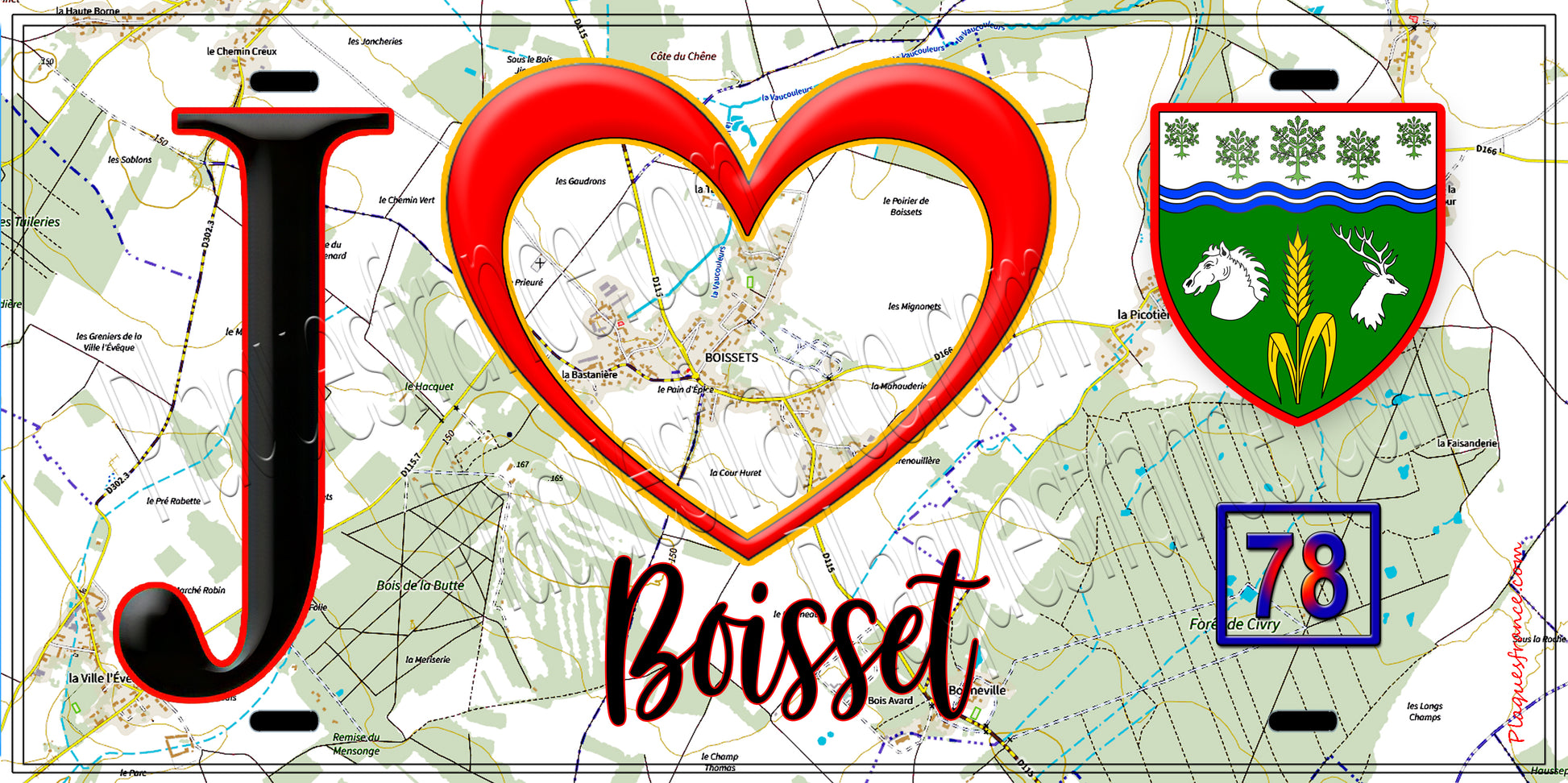 Plaque métal décorative  J' ❤️ Boissets, Yvelines (78) fond carte