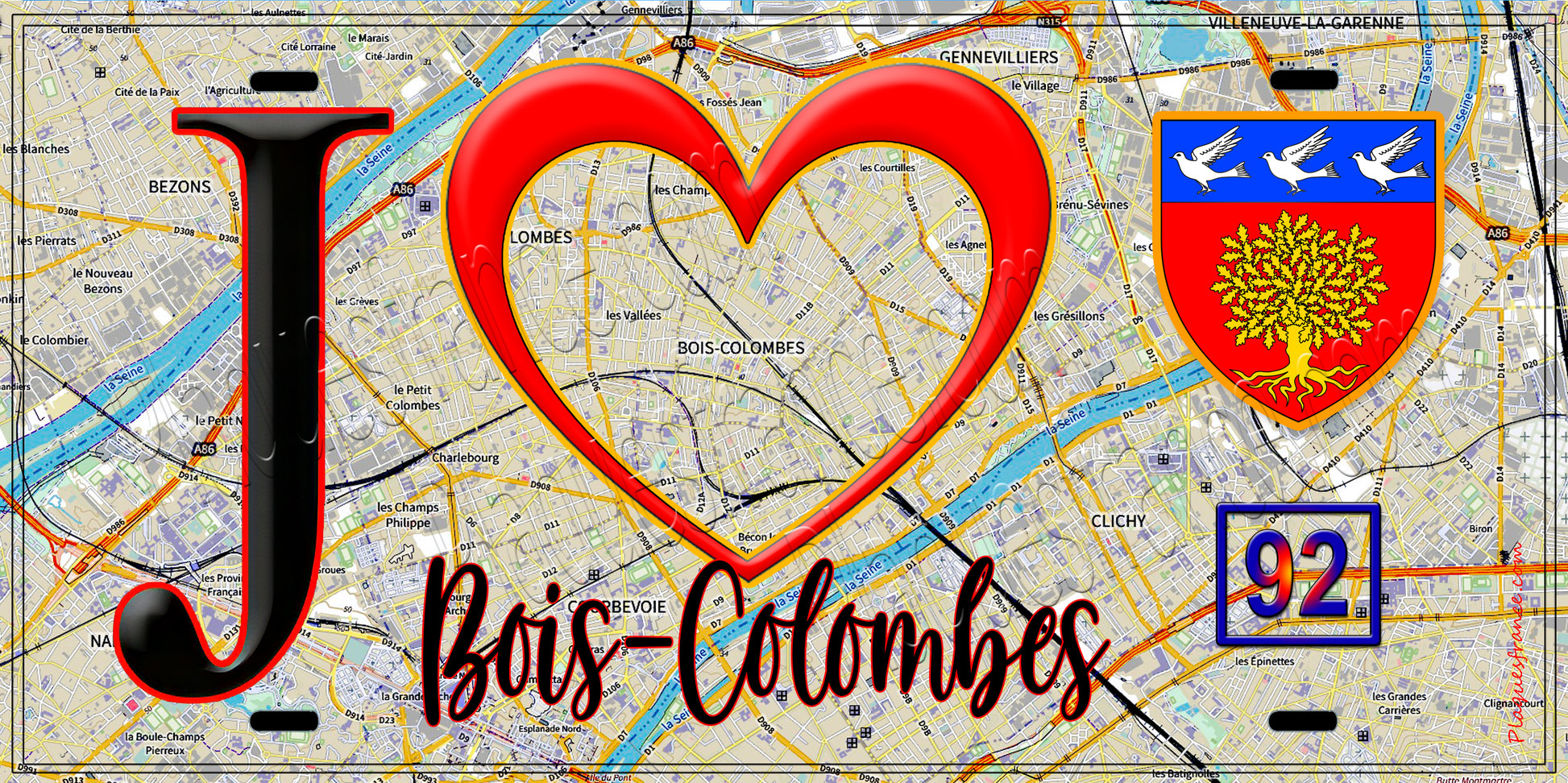 Plaque métal décorative  J' ❤️ Bois-Colombes, Hauts de Seine (92) fond carte