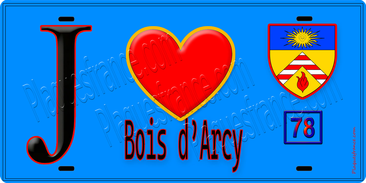 Plaque métal décorative  J' ❤️ Bois-d'Arcy, Yvelines (78) fond bleu