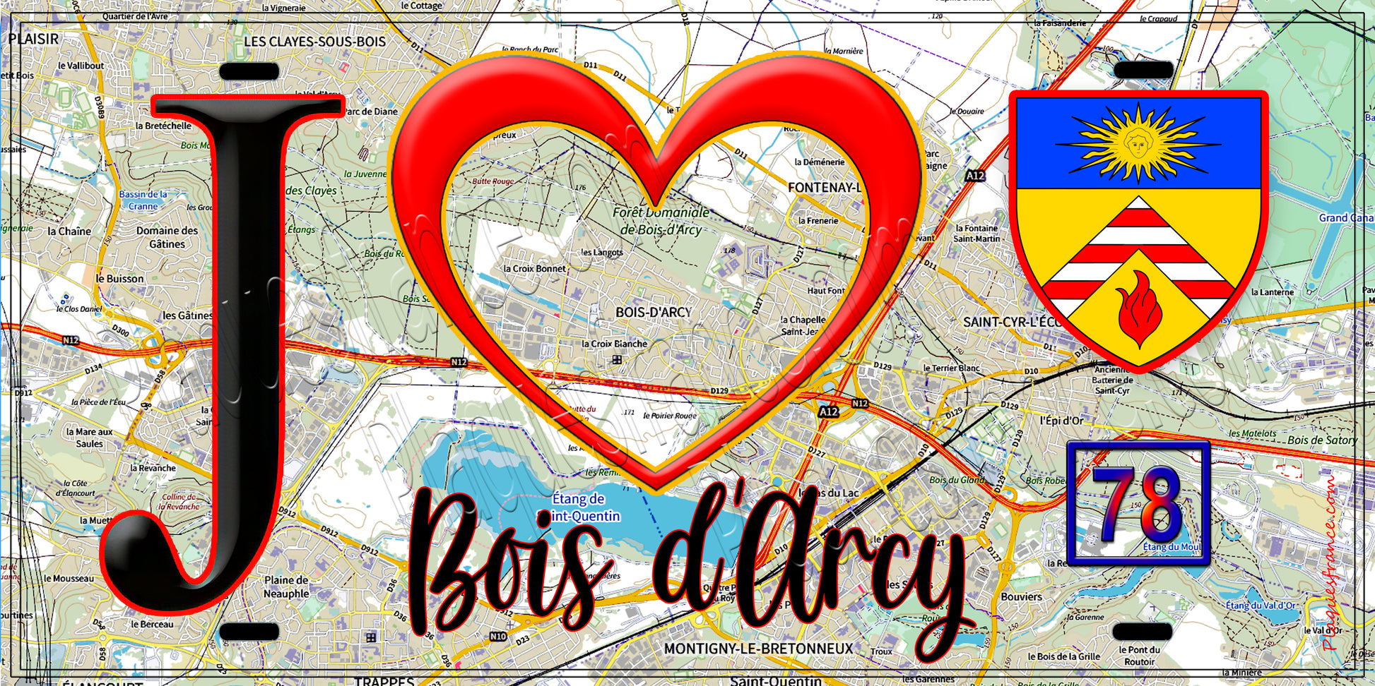 Plaque métal décorative  J' ❤️ Bois-d'Arcy, Yvelines (78) fond carte