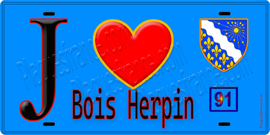 Plaque métal décorative  J' ❤️Bois-Herpin, Essonne (91) fond bleu