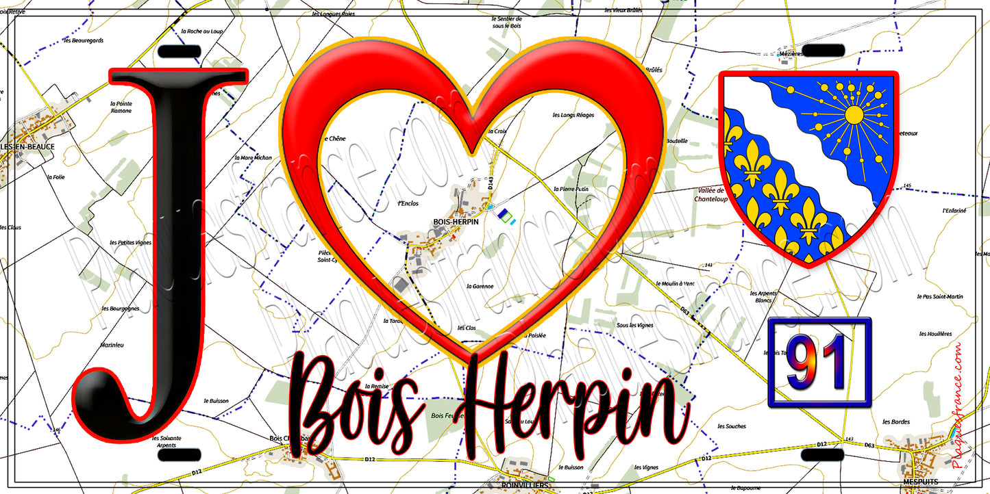 Plaque métal décorative  J' ❤️Bois-Herpin, Essonne (91) fond carte