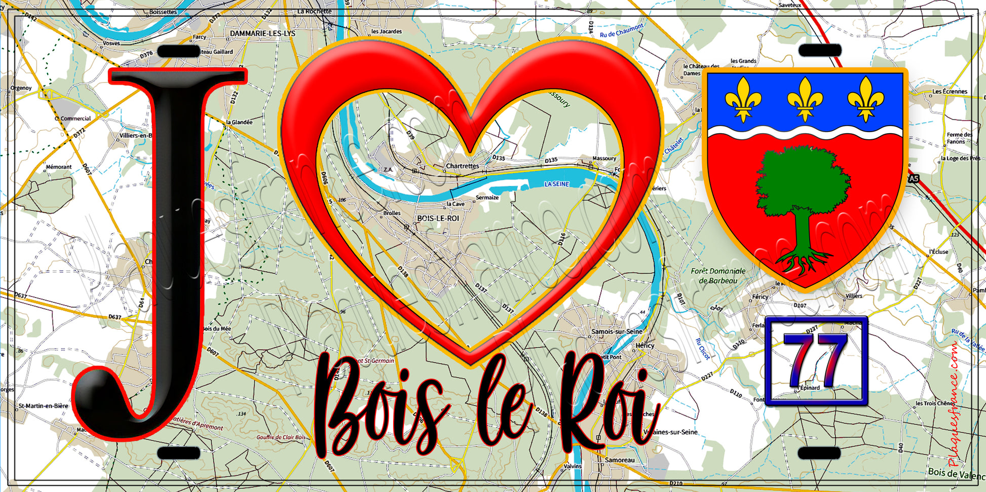 Plaque métal décorative  J' ❤️Bois-le-Roi, Seine et Marne (77) fond carte