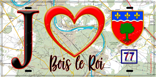 Plaque métal décorative  J' ❤️Bois-le-Roi, Seine et Marne (77) fond carte