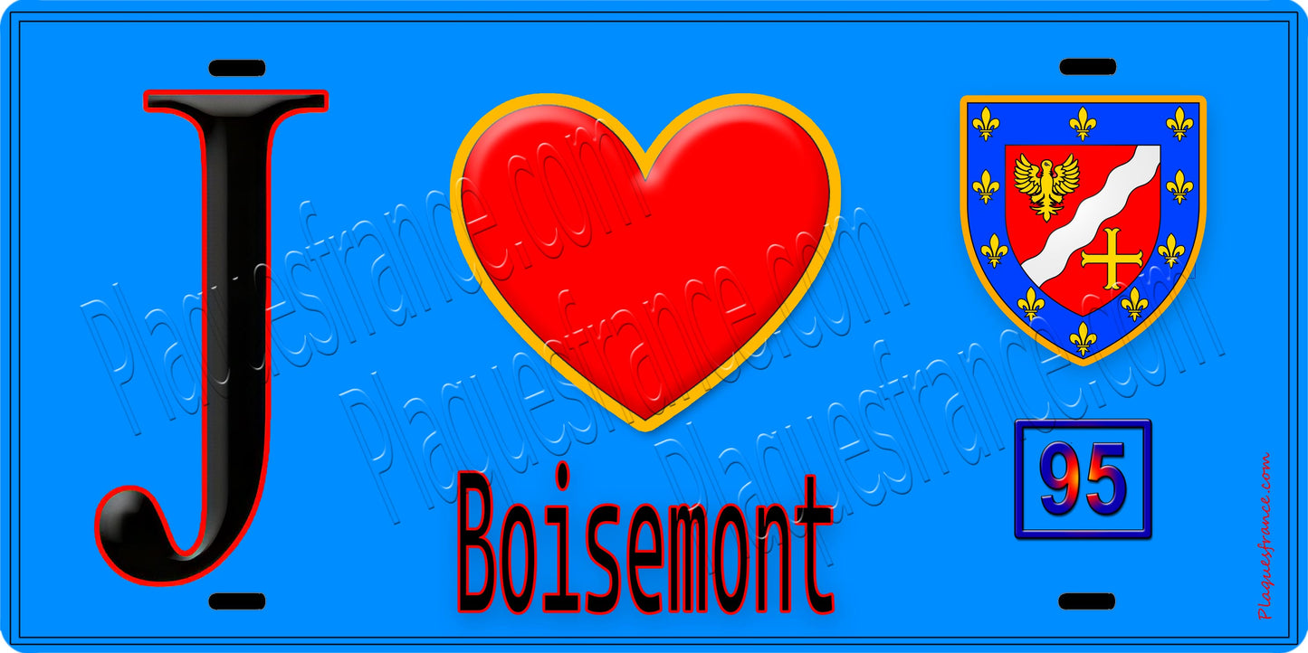 Plaque métal décorative  J' ❤️Boisemont, Val d'Oise (95) fond bleu