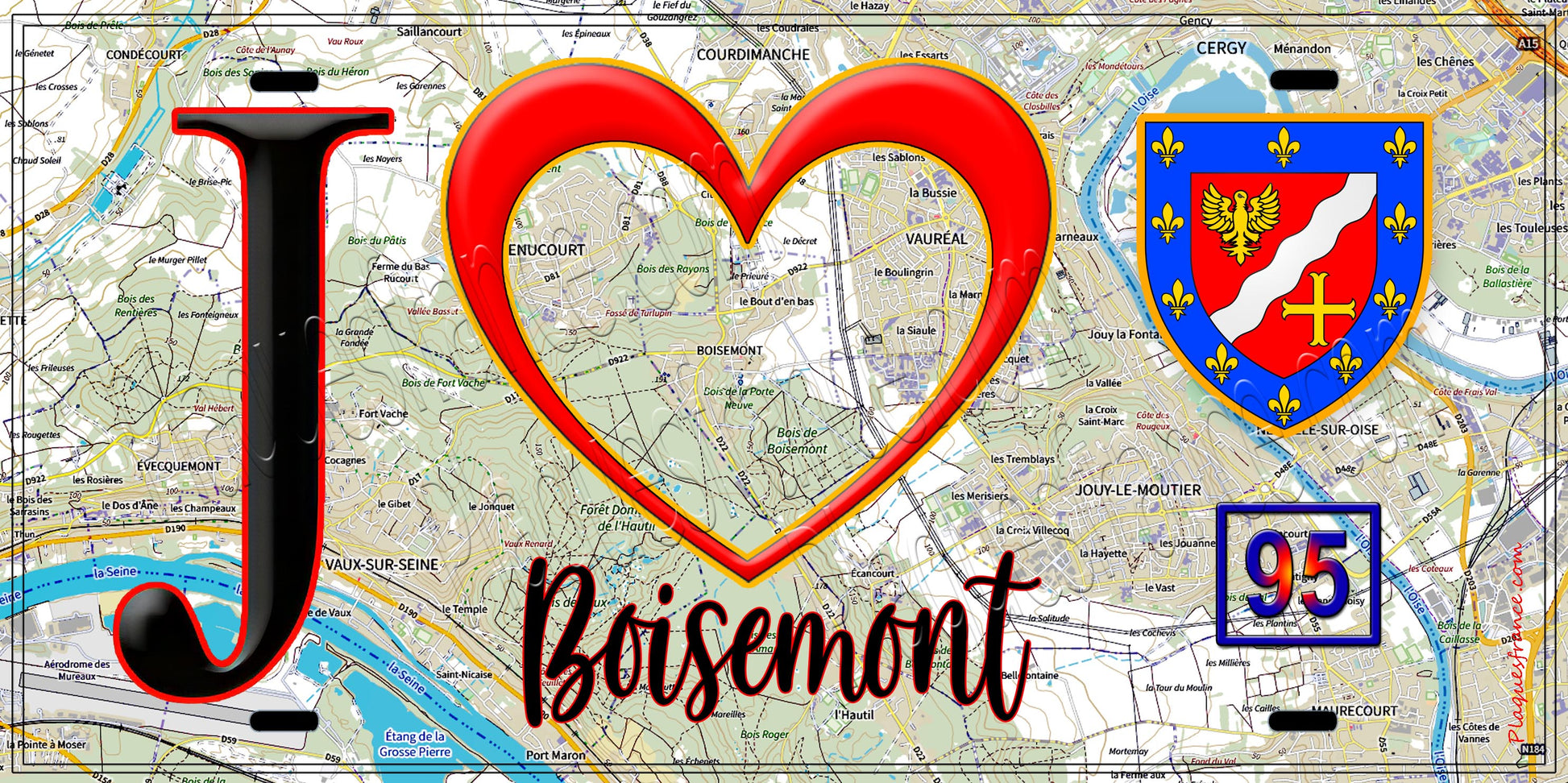 Plaque métal décorative  J' ❤️Boisemont, Val d'Oise (95) fond carte
