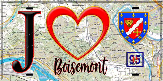 Plaque métal décorative  J' ❤️Boisemont, Val d'Oise (95) fond carte