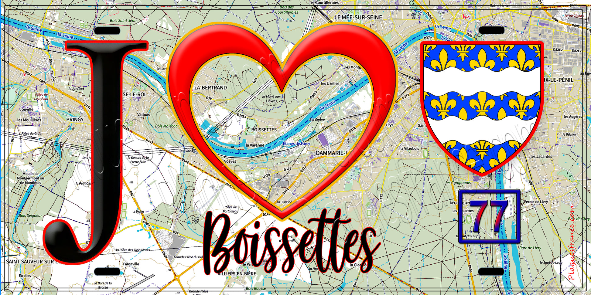 Plaque métal décorative  J' ❤️Boissettes, Seine et Marne (77) fond carte