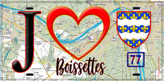 Plaque métal décorative  J' ❤️Boissettes, Seine et Marne (77) fond carte