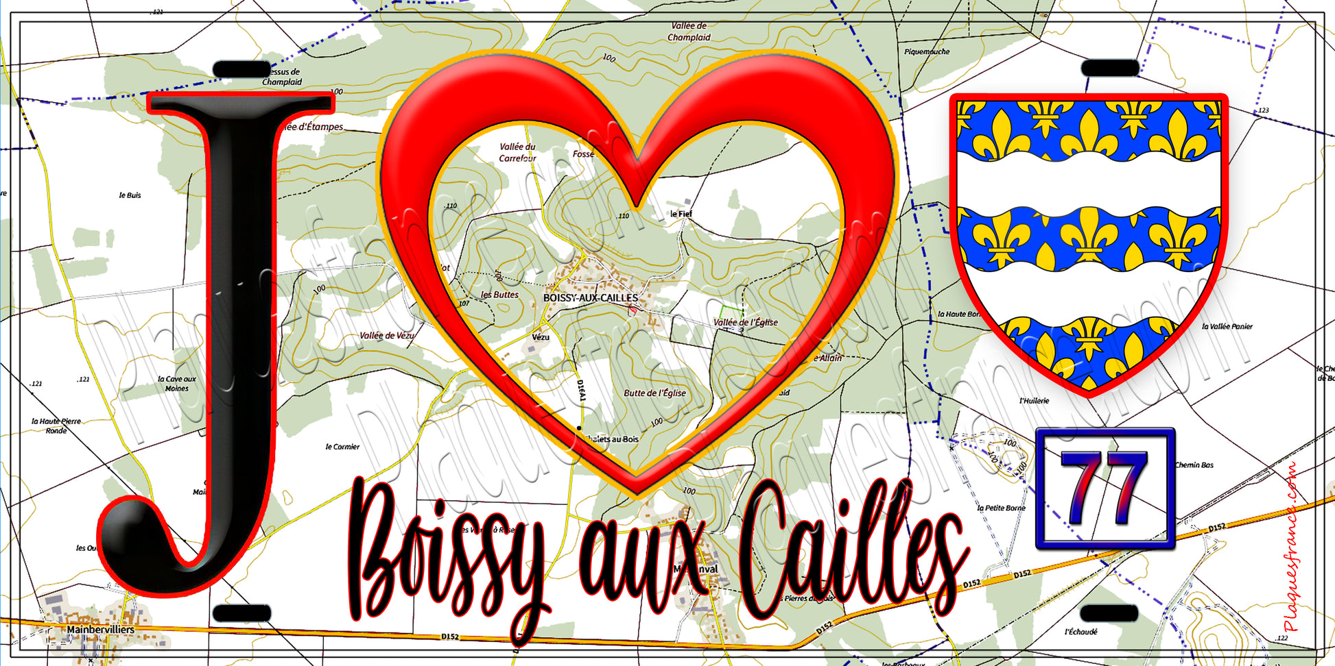 Plaque métal décorative  J' ❤️Boissy-aux-Cailles, Seine et Marne (77) fond carte