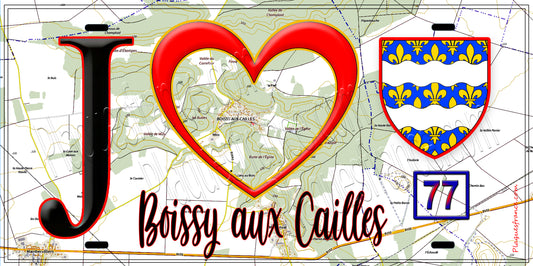 Plaque métal décorative  J' ❤️Boissy-aux-Cailles, Seine et Marne (77) fond carte