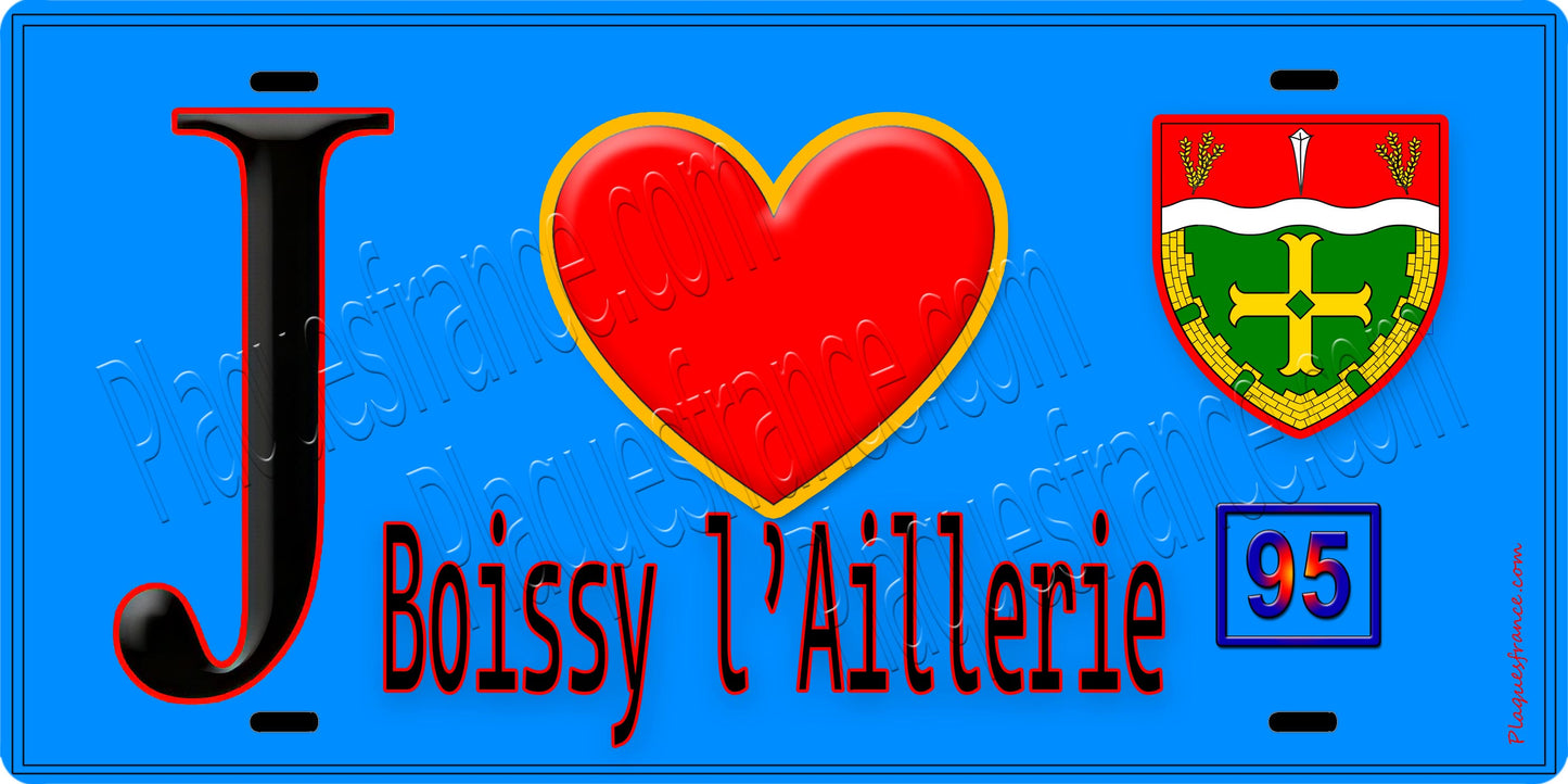 Plaque métal décorative  J' ❤️Boissy-l'Aillerie, Val d'Oise (95) fond bleu