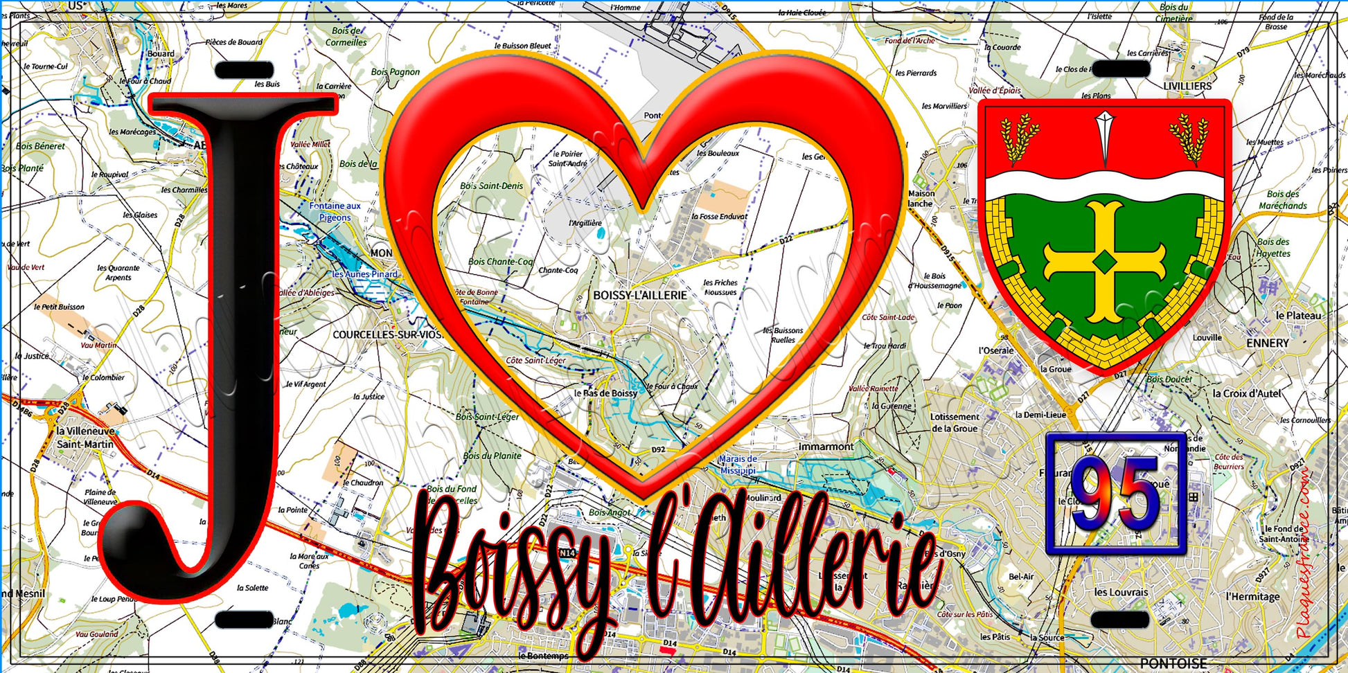 Plaque métal décorative  J' ❤️Boissy-l'Aillerie, Val d'Oise (95) fond carte
